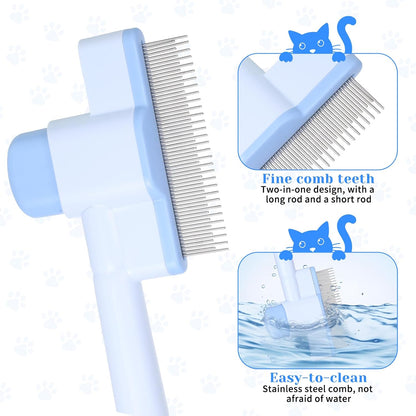 LXUEJIE pet hair removal comb highlighting the dual long and short stainless steel teeth.