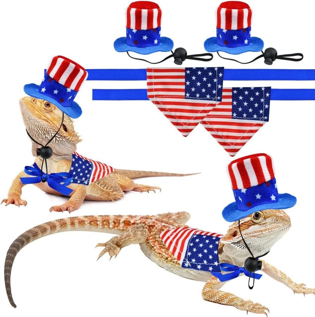 Vehomy Independence Day bearded dragon costume front view showing top hats and bandanas.