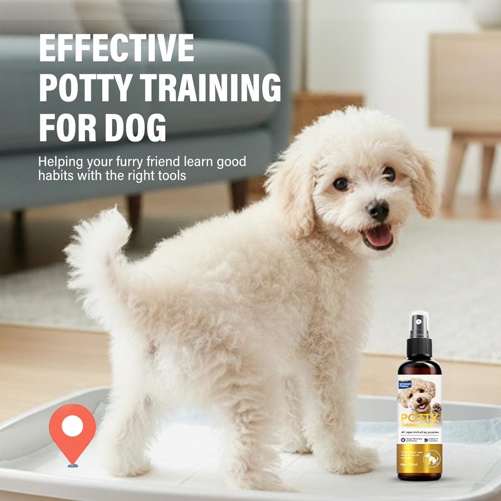 Dog potty training spray bottle being applied to green outdoor grass for pet housebreaking