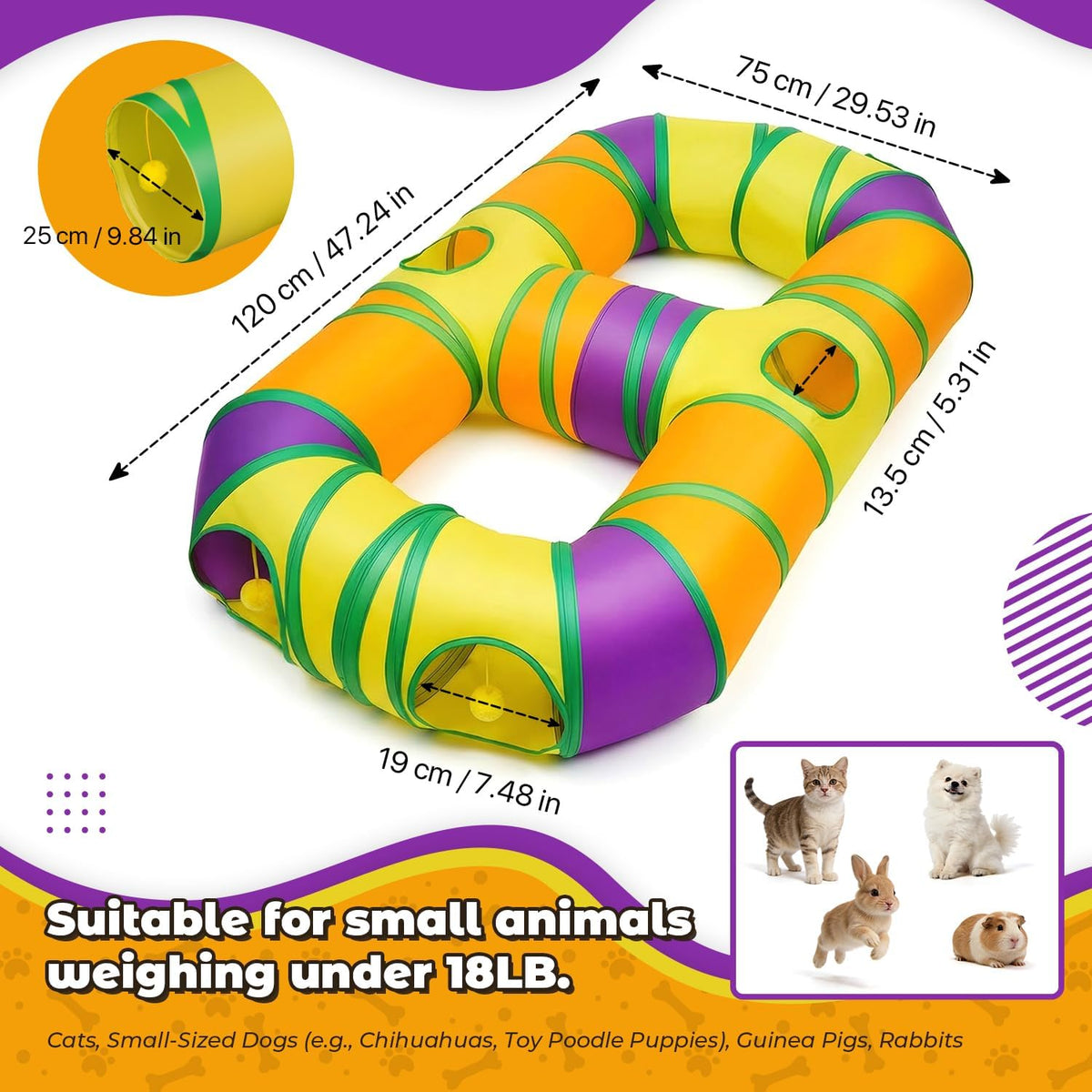 GUSTYLE interactive pet play maze with hanging plush pom-poms inside the tube.