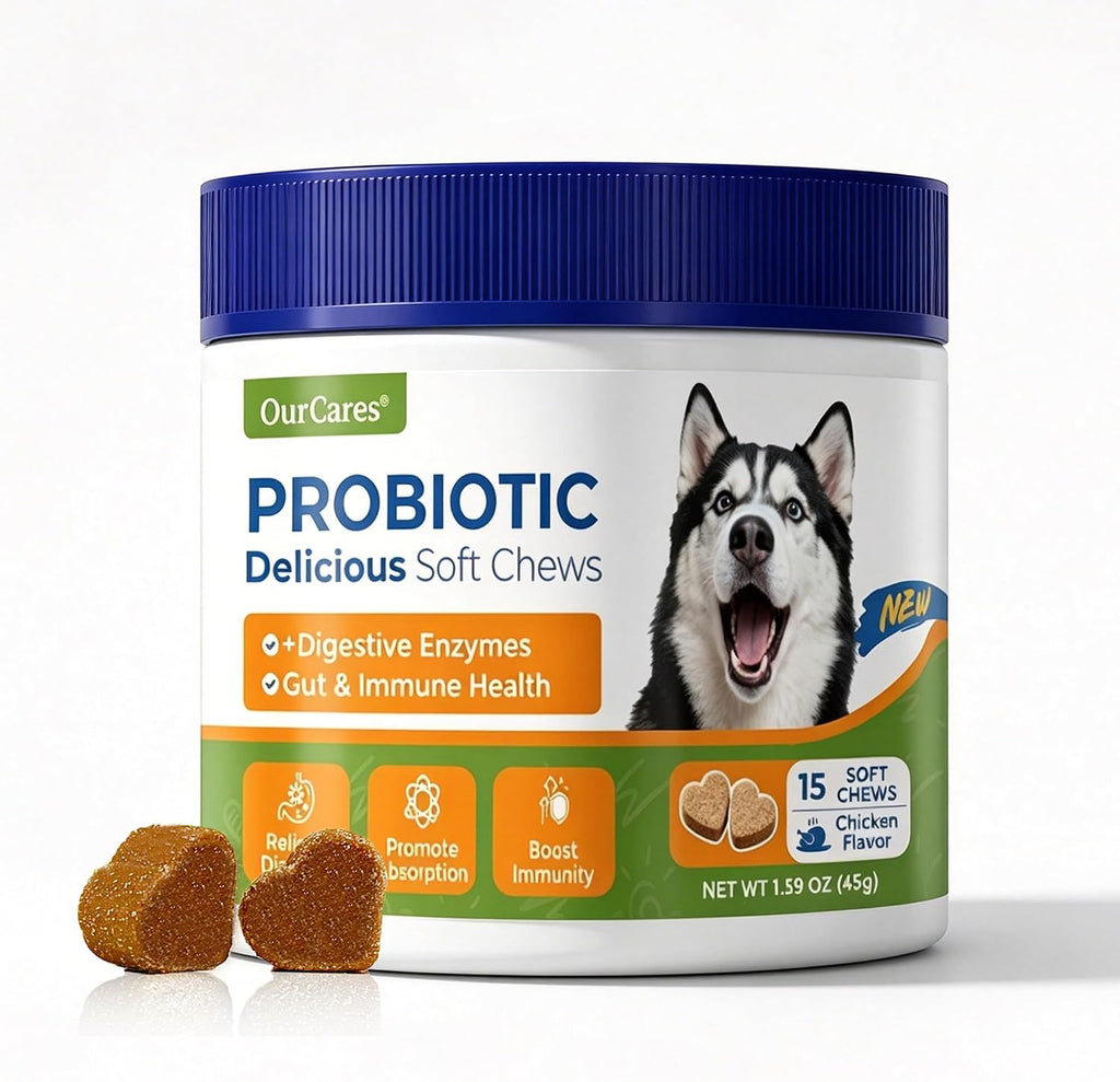 OurCares Probiotics for Dogs container front view featuring a Siberian Husky label for pet gut health.