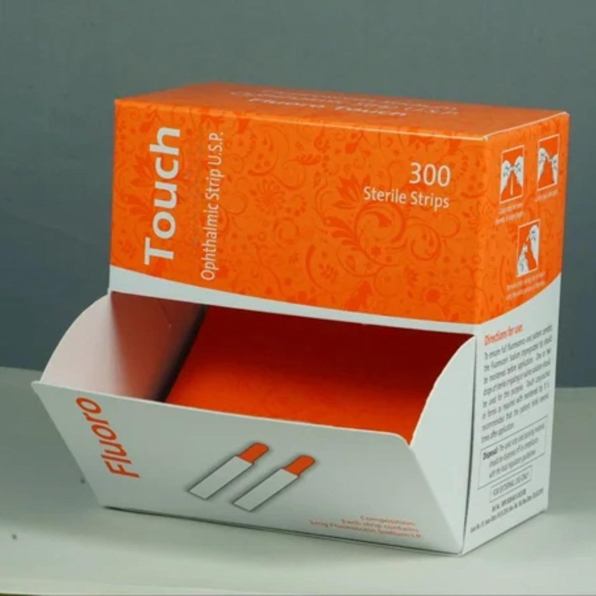 GKPA Ophthalmic Fluoro Touch Strips box front view showing sterile packaging for professional eye diagnosis.