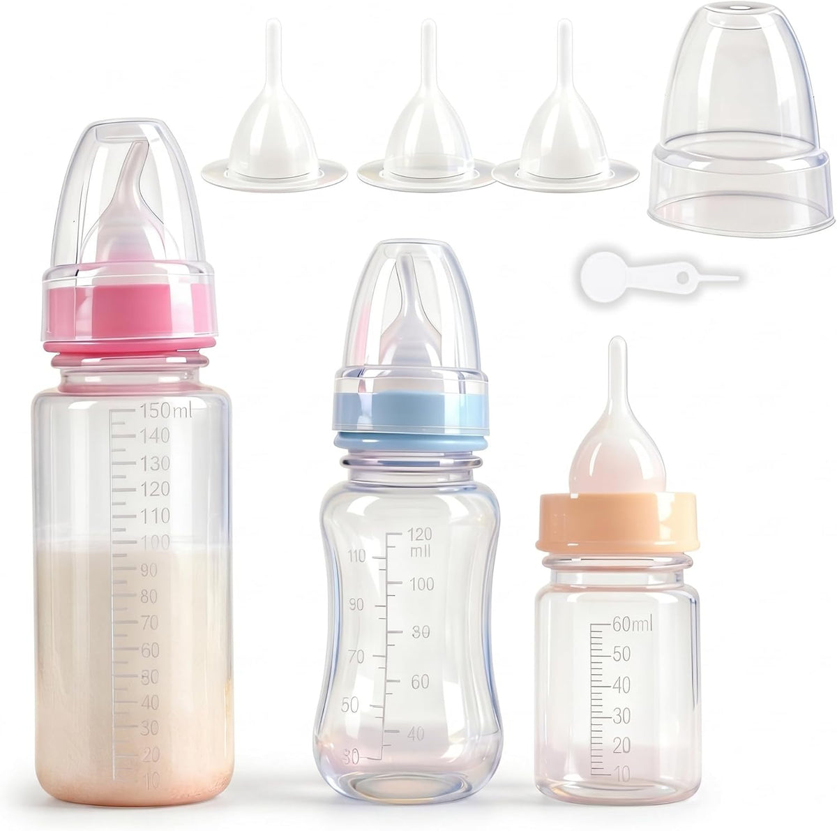 OCTKITE pet feeding bottle set front view showcasing three sizes for puppies and kittens.