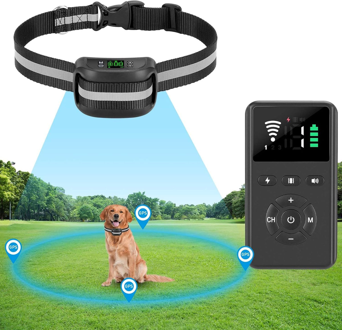 Puppies And Co 2 in 1 GPS wireless dog fence front view showcasing reflective silver stripe strap