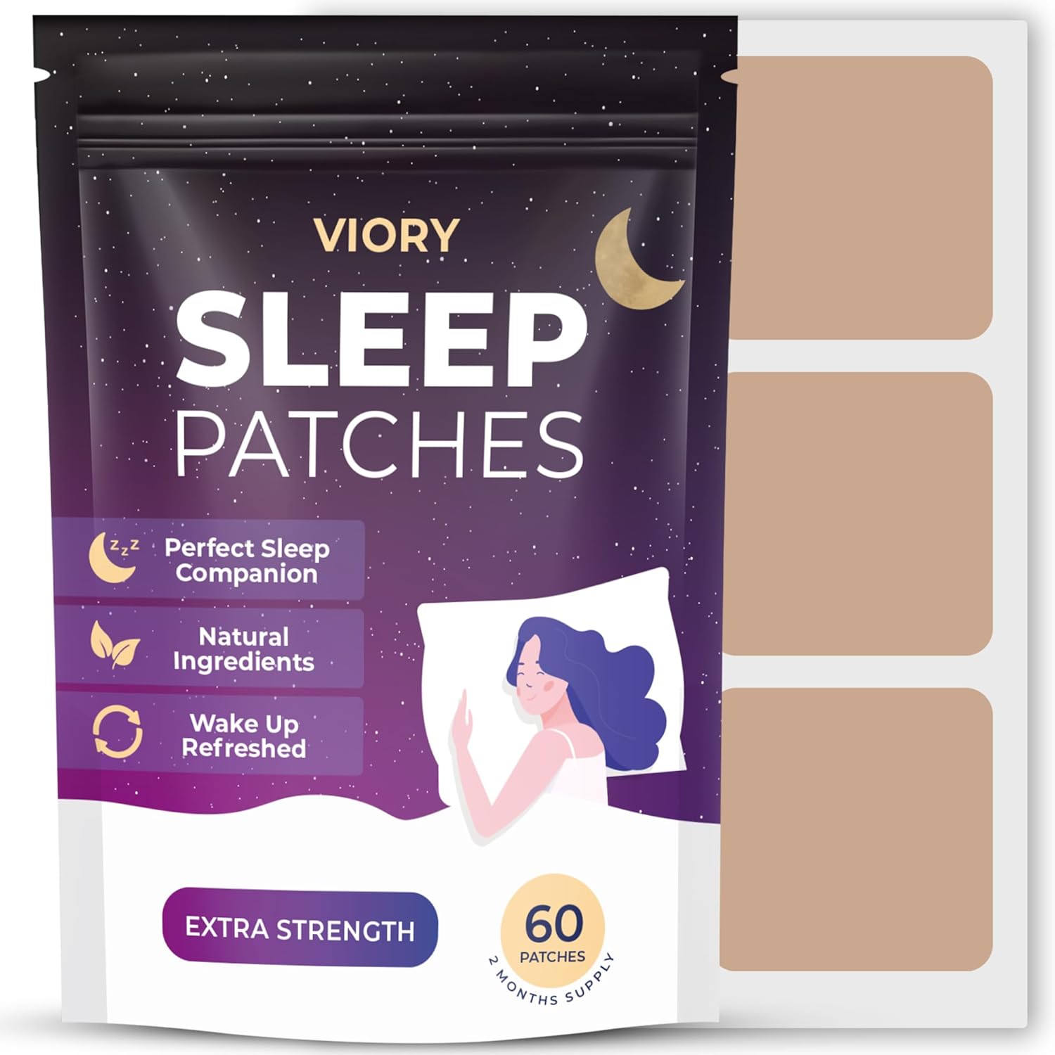 Rexez VIORY sleep patches for adults extra strength front packaging view showing sixty count box.