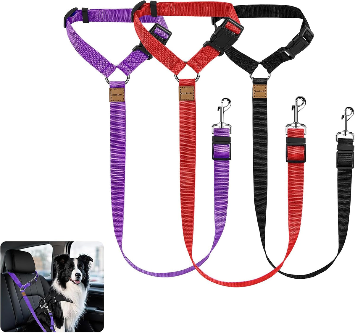 Dog wearing harness with CuoiArte car seat belt restraint.