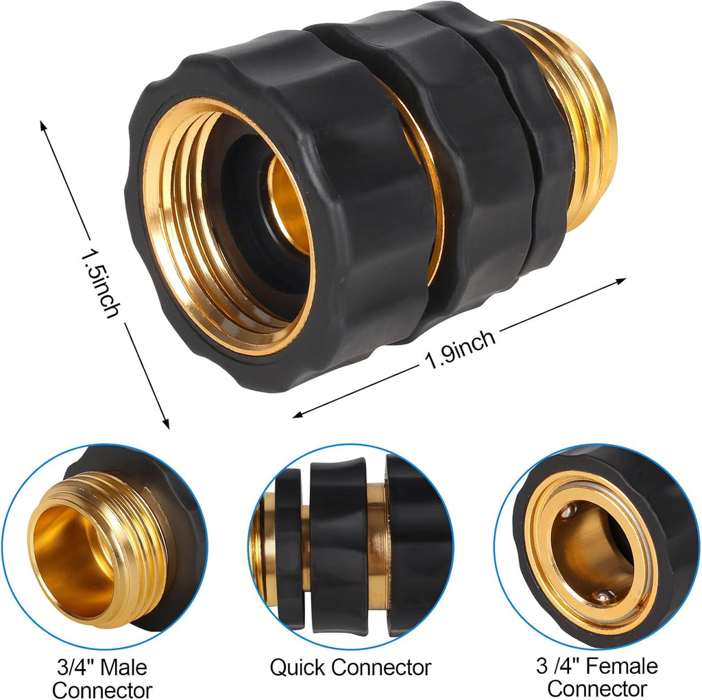 Close up view of the 3/4 inch aluminum hose adapter with a black rubberized ergonomic grip.