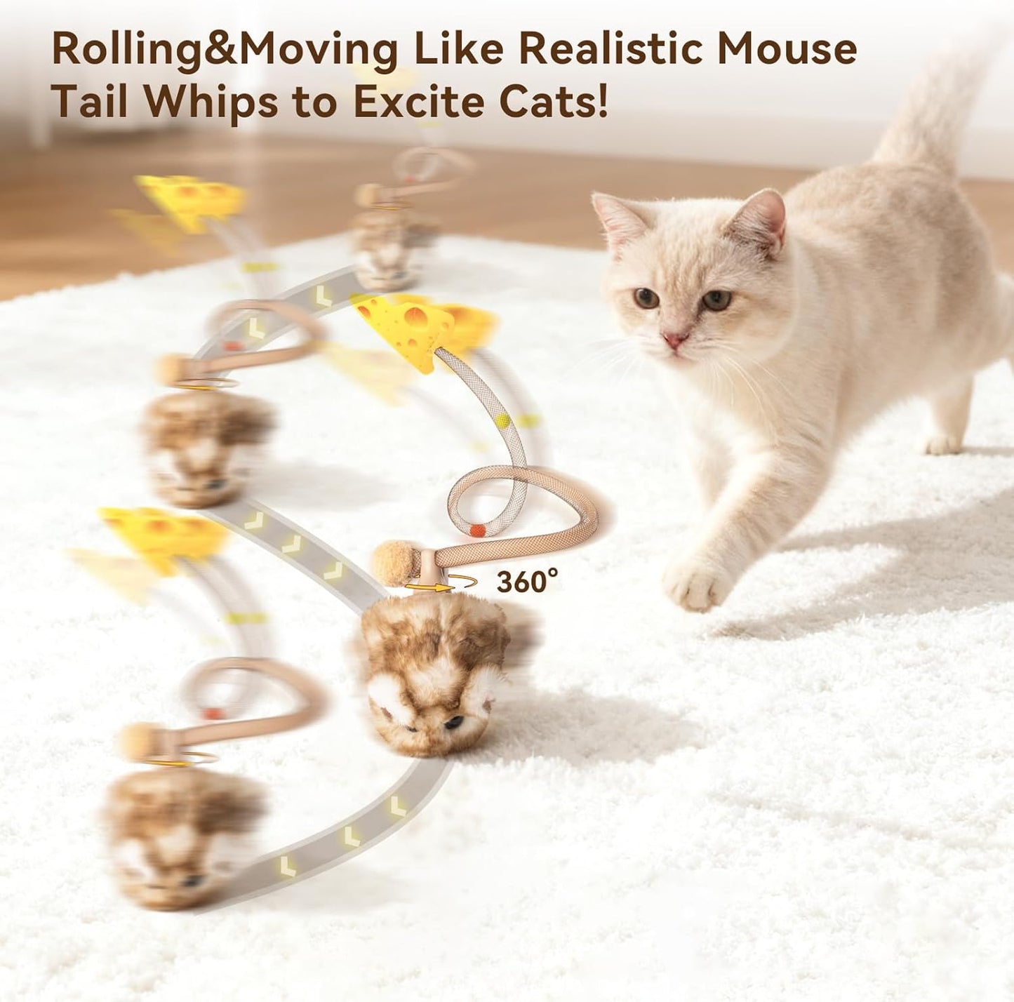 Rechargeable feline toy highlighting the smart motion sensor and internal electronic components.
