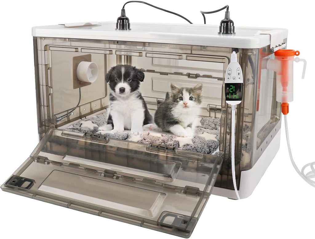 HKDQ transparent pet brooder box showing the integrated adjustable sun heat lamps and control knobs.