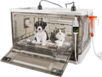HKDQ transparent pet brooder box showing the integrated adjustable sun heat lamps and control knobs.