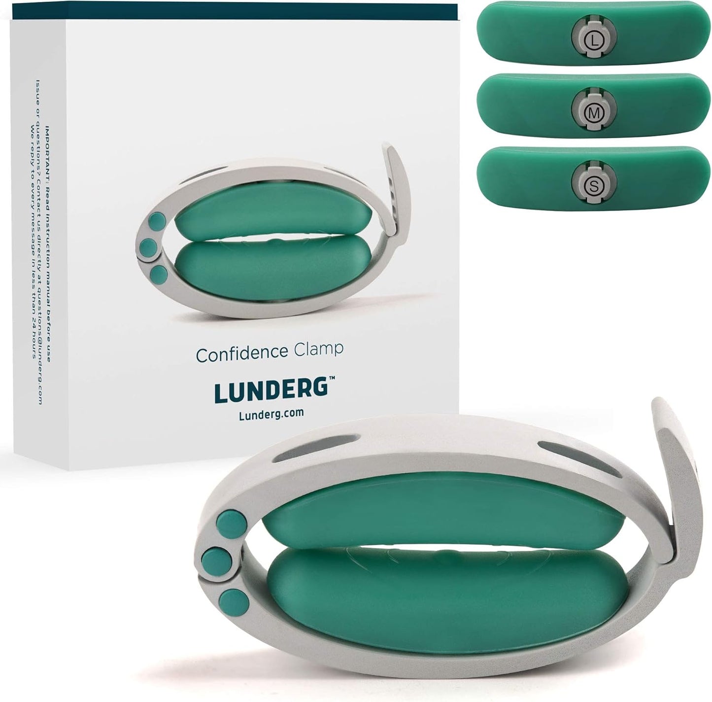 Lunderg Confidence Clamp front view showing medical-grade silicone pads.