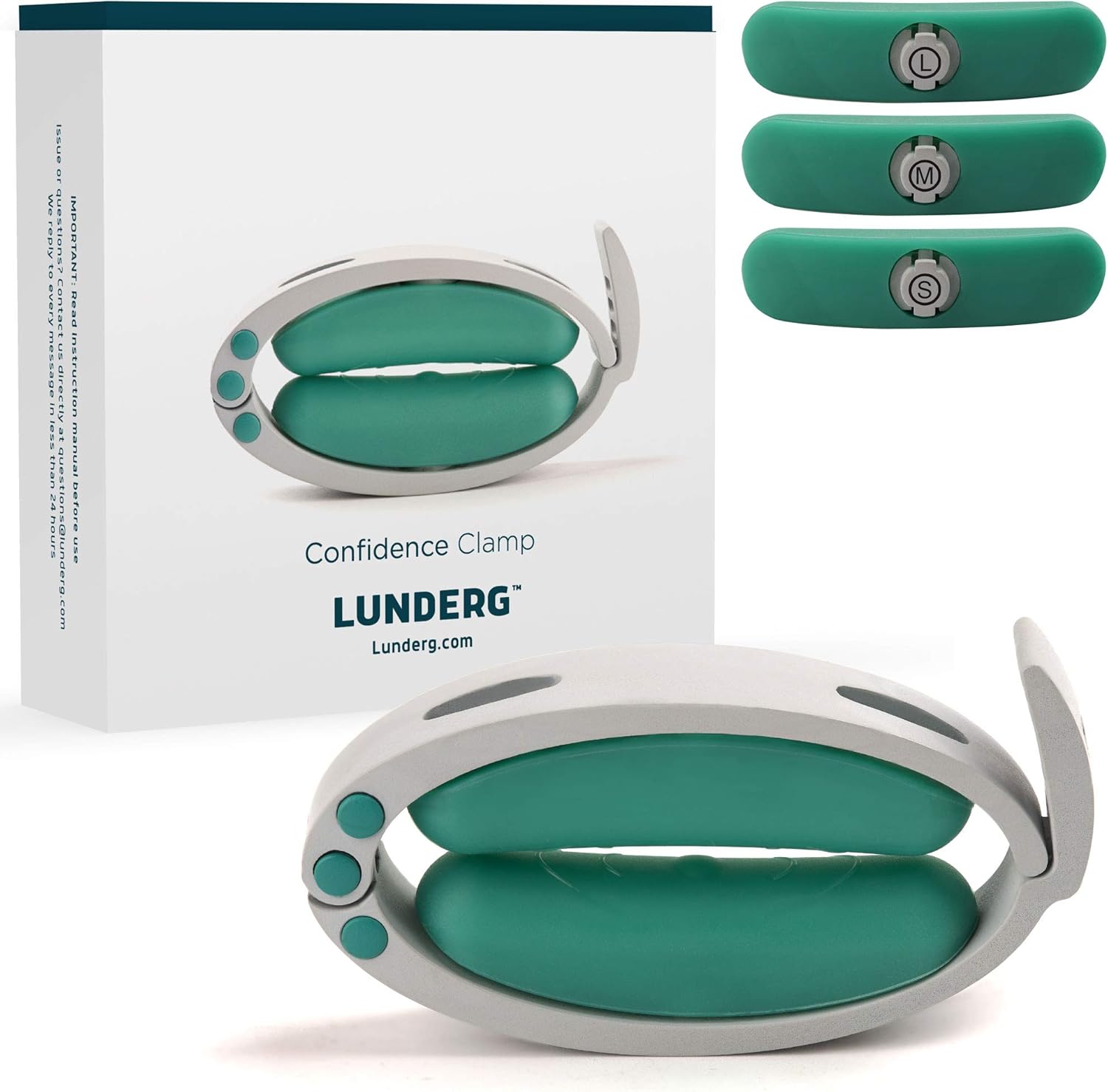 Lunderg Confidence Clamp front view showing medical-grade silicone pads.