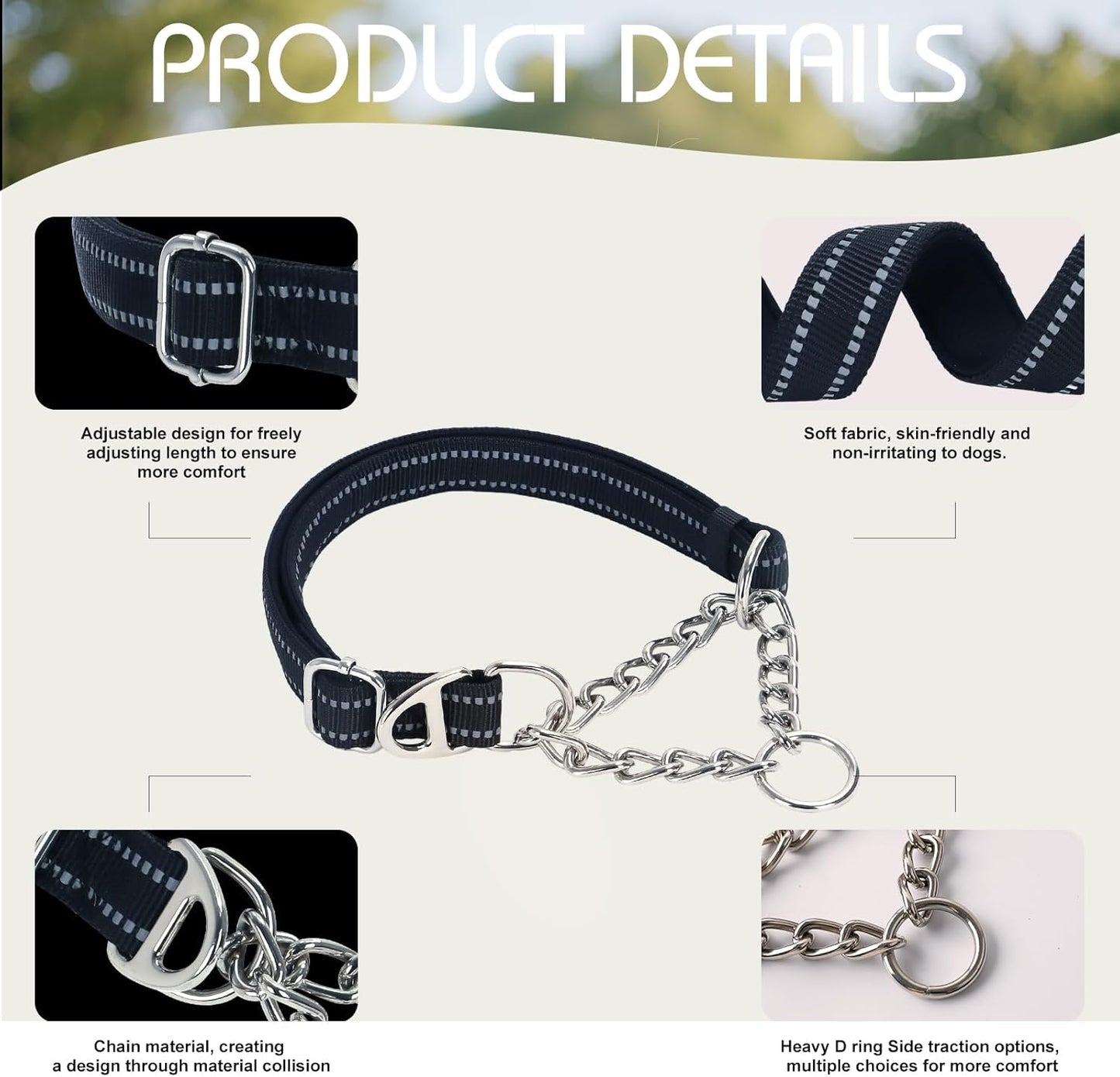 Stainless steel chain loop detail on heavy duty martingale collar