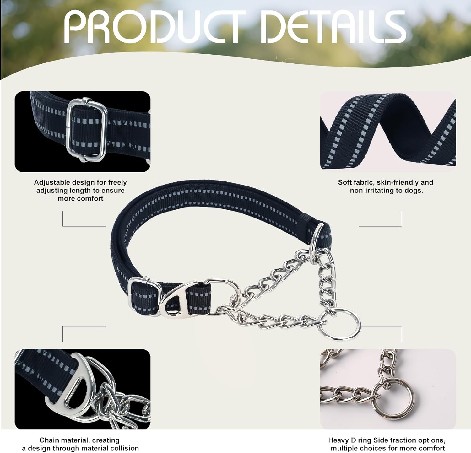 Stainless steel chain loop detail on heavy duty martingale collar