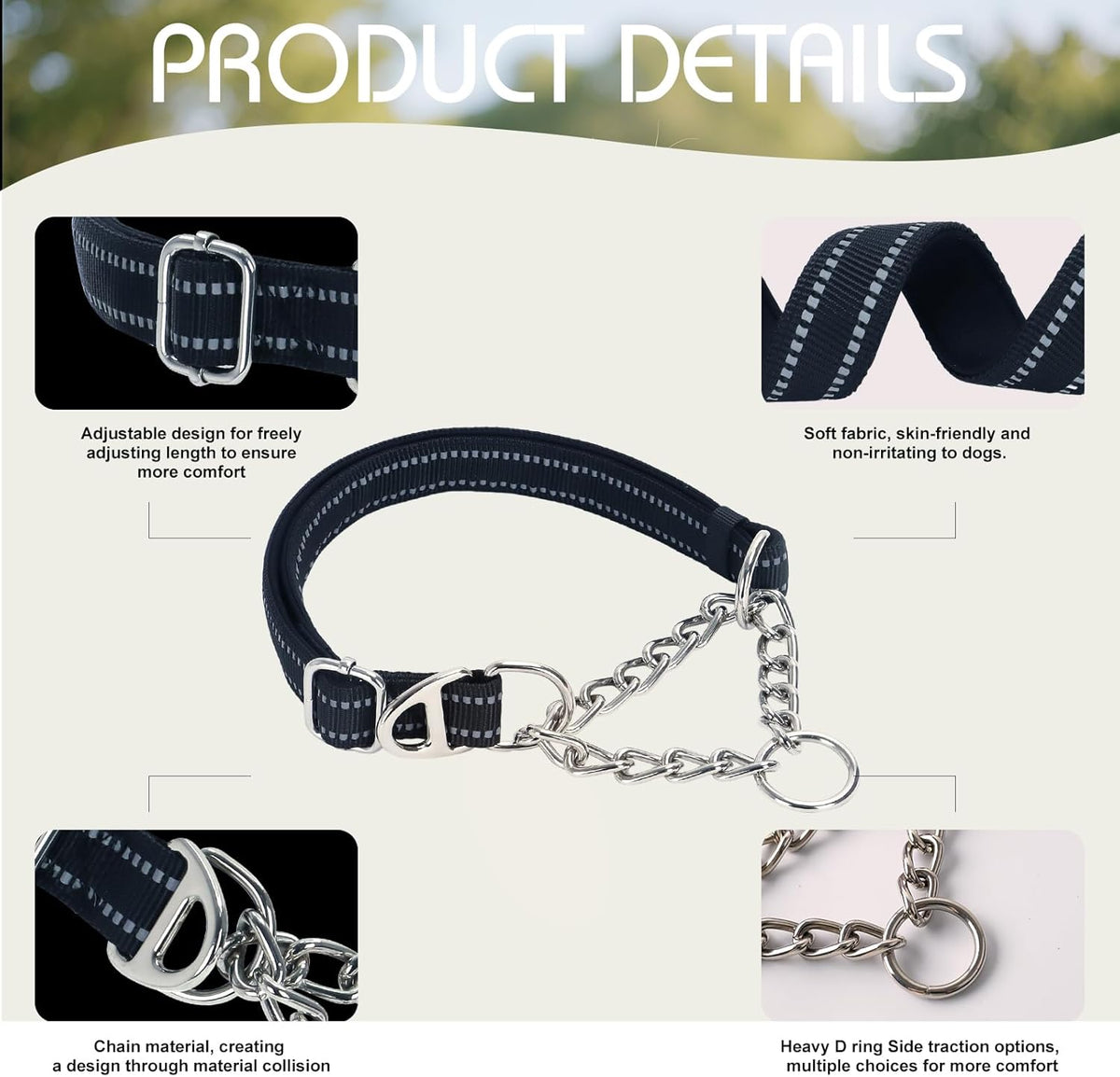 Stainless steel chain loop detail on heavy duty martingale collar