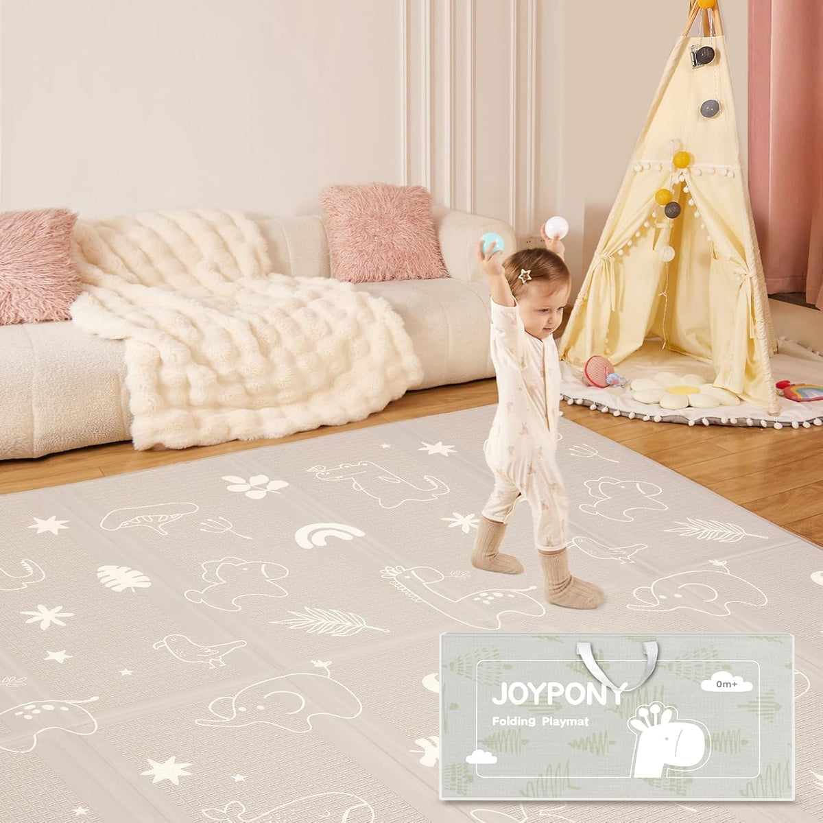 Joypony foldable baby play mat front view showcasing the large pattern and layout