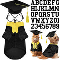 Huhumy dog graduation costume set front view showing black gown and yellow stole