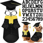 Huhumy dog graduation costume set front view showing black gown and yellow stole