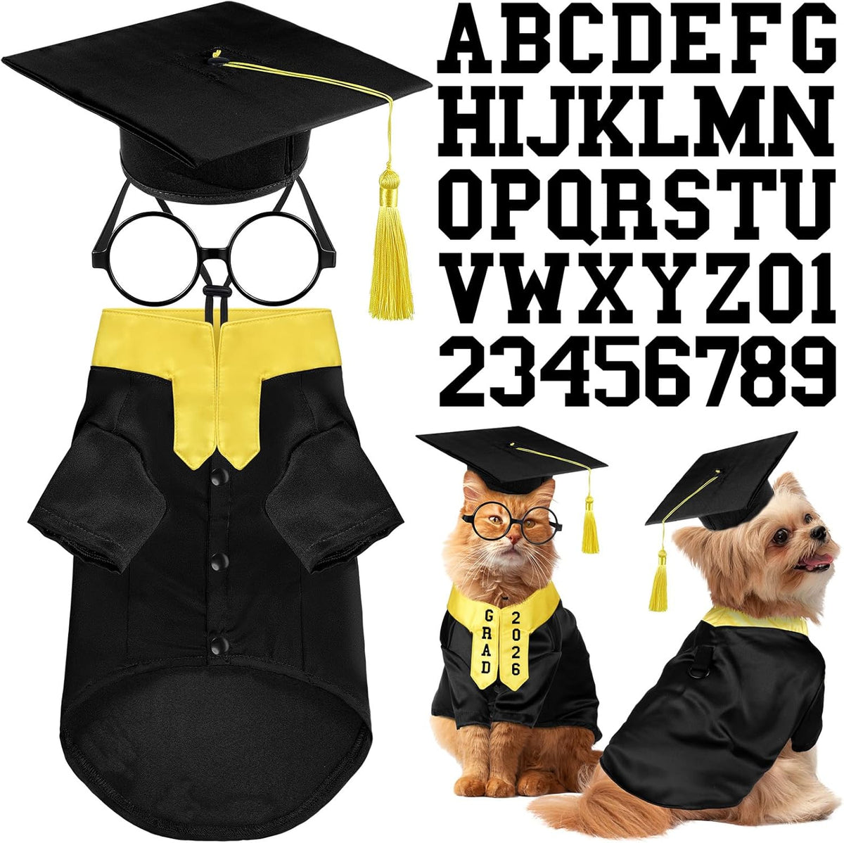 Huhumy dog graduation costume set front view showing black gown and yellow stole