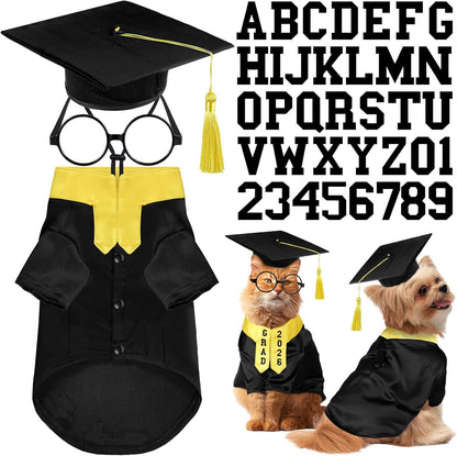 Huhumy dog graduation costume set front view showing black gown and yellow stole