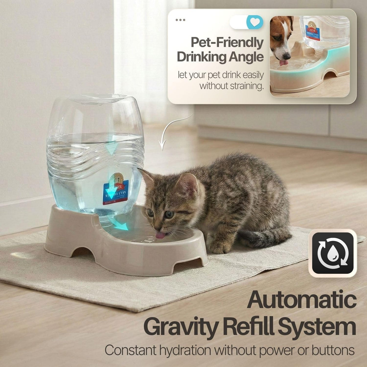 Flexzion 900ml pet auto replenish drinking bowl showing non skid rubber feet