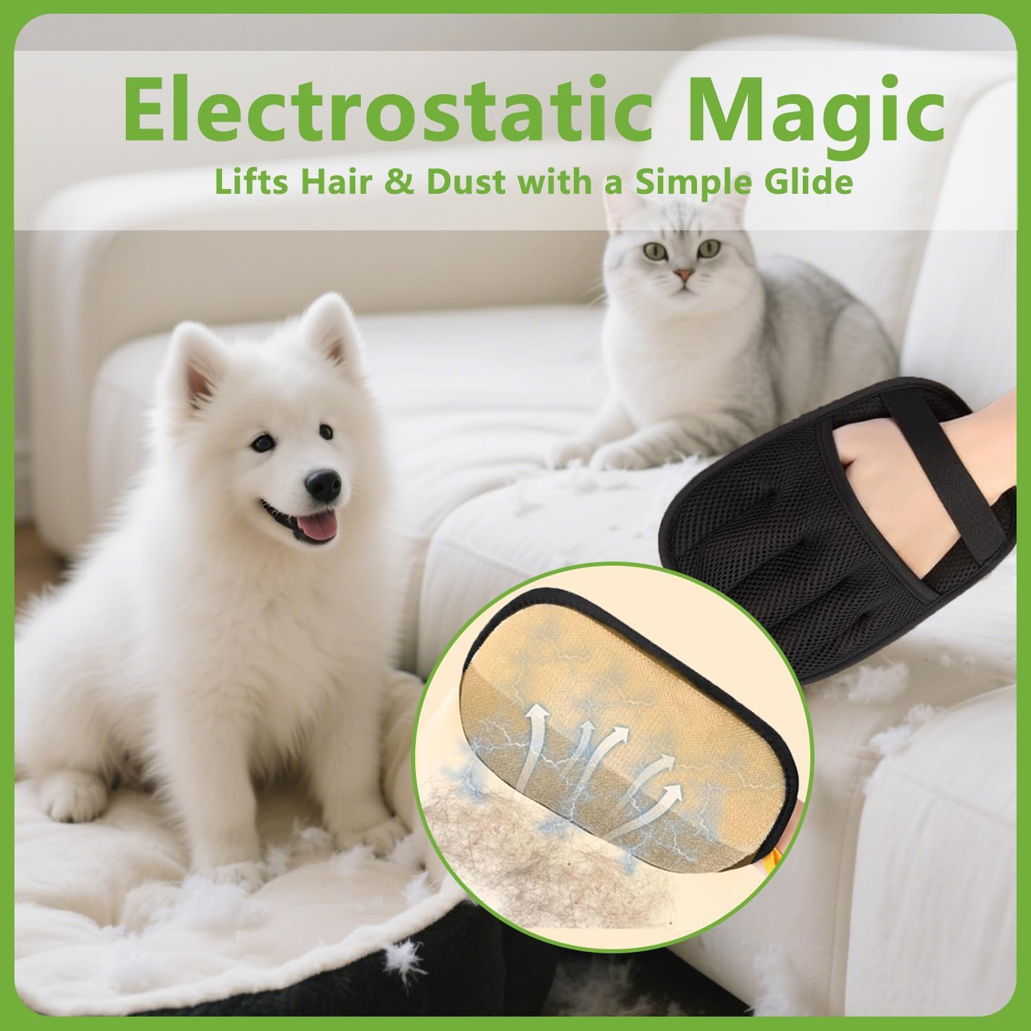 Washable pet hair brush glove wiping cat fur off car seat fabric