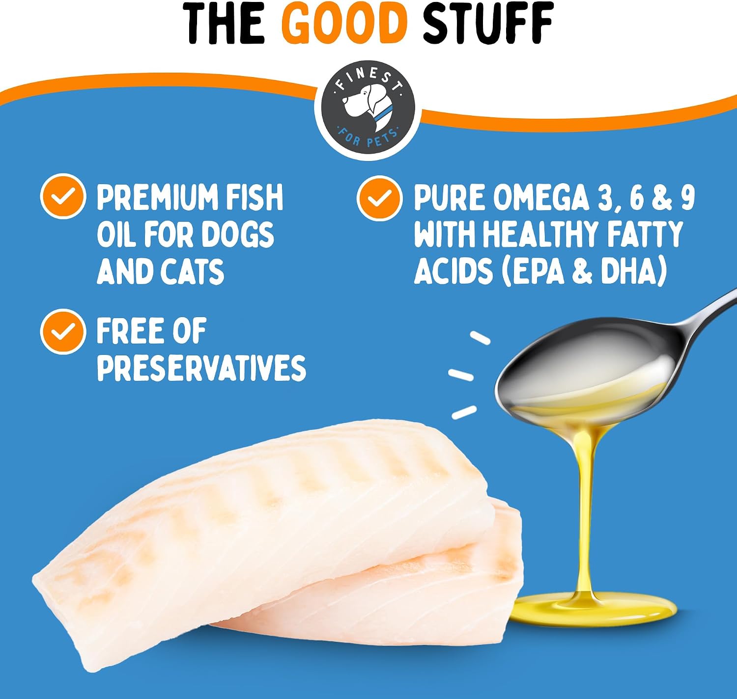 Finest For Pets fish oil packaging showing wild caught sardines anchovies mackerel icons