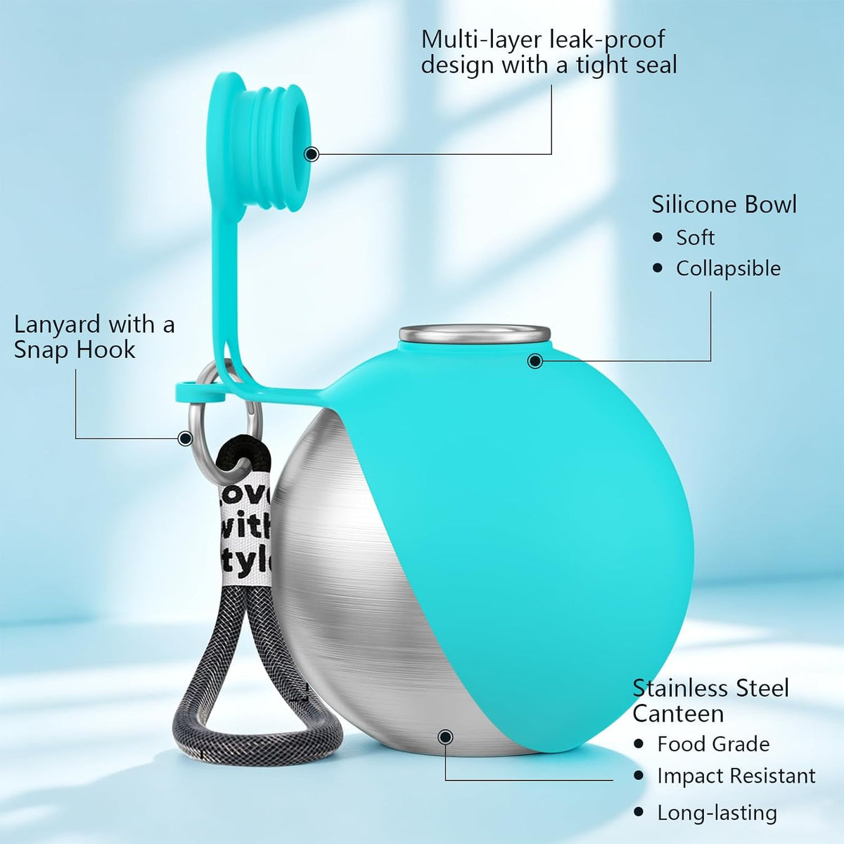 HJKLIUT blue portable pet drinking bowl demonstrating the smart water recovery button feature.