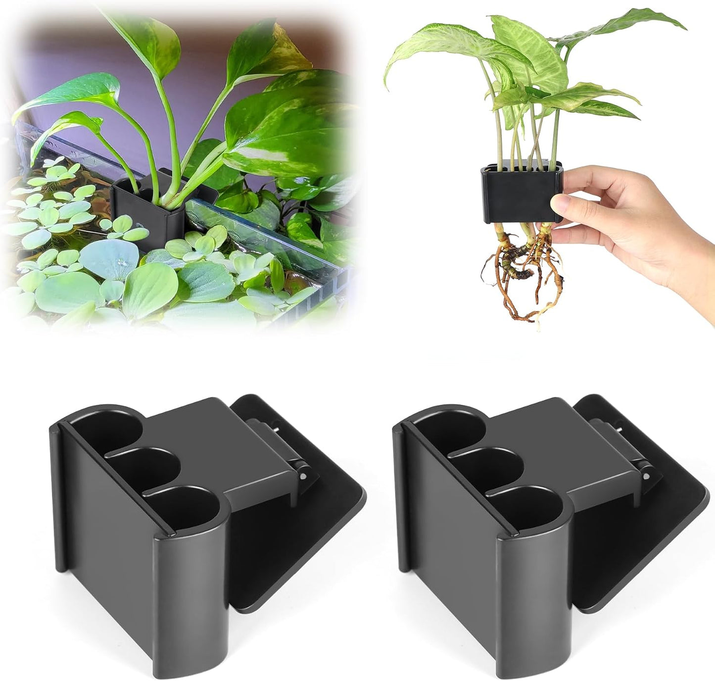 Joqepy Upgraded Aquarium Plant Holder front view showing the 3-hole black plastic design.