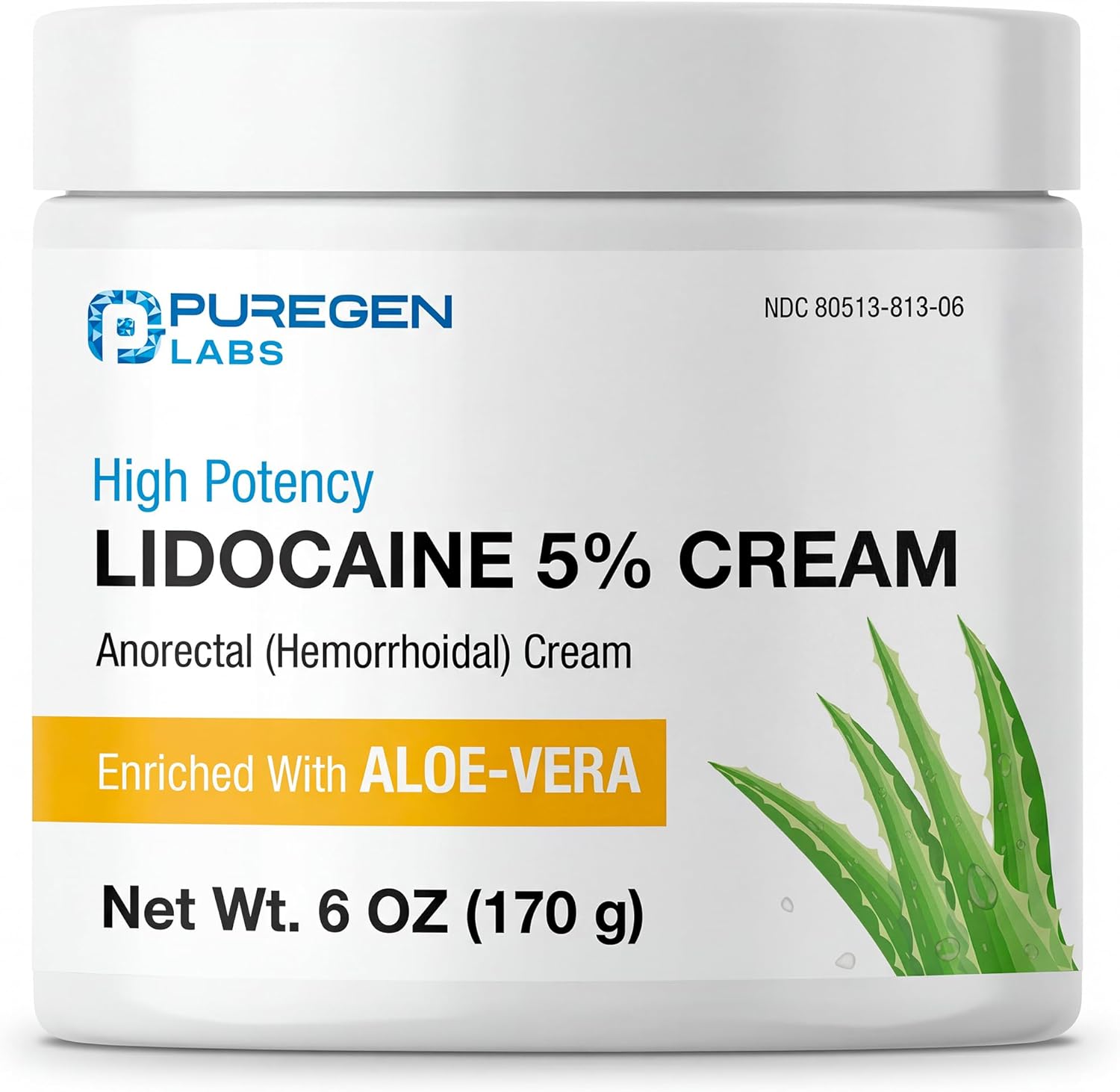 Puregen Labs Lidocaine 5% Anorectal Cream 6 Ounce jar front view showcasing maximum strength pain relief packaging.
