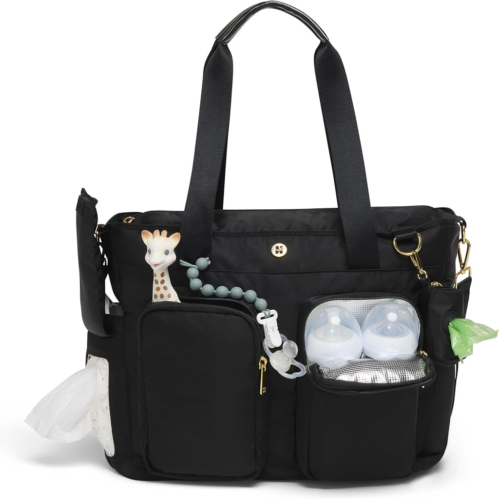 Huggies Signature Hug Weekender Tote Diaper Bag front view in black