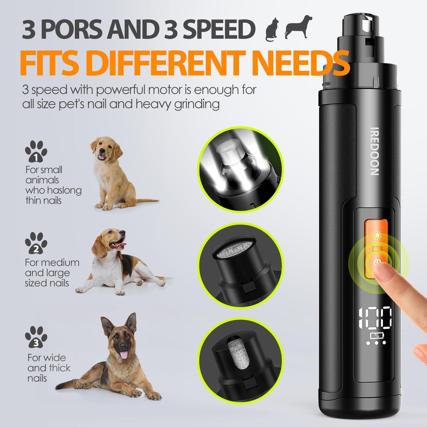 Iredoon electric nail trimmer showing the 4 LED lights