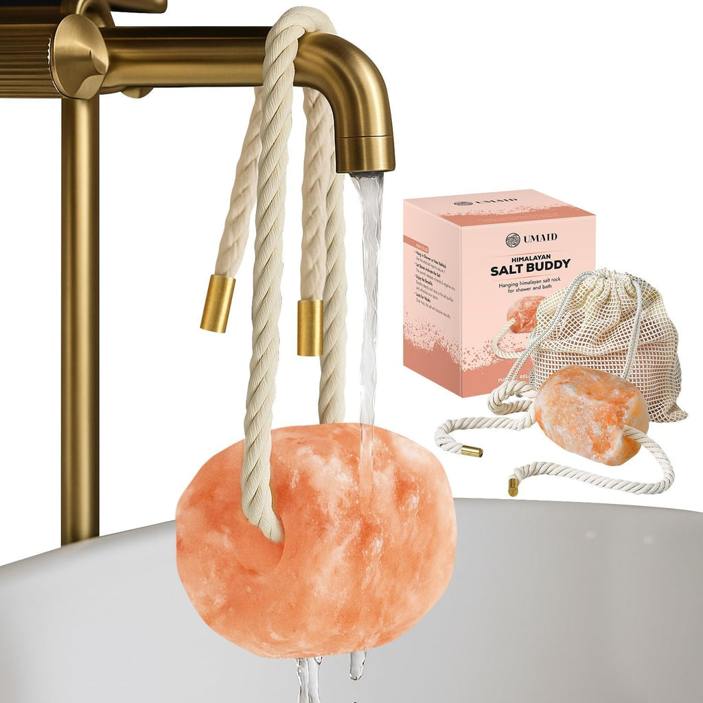 Umaid Himalayan bath salt buddy front view hanging mineral stone
