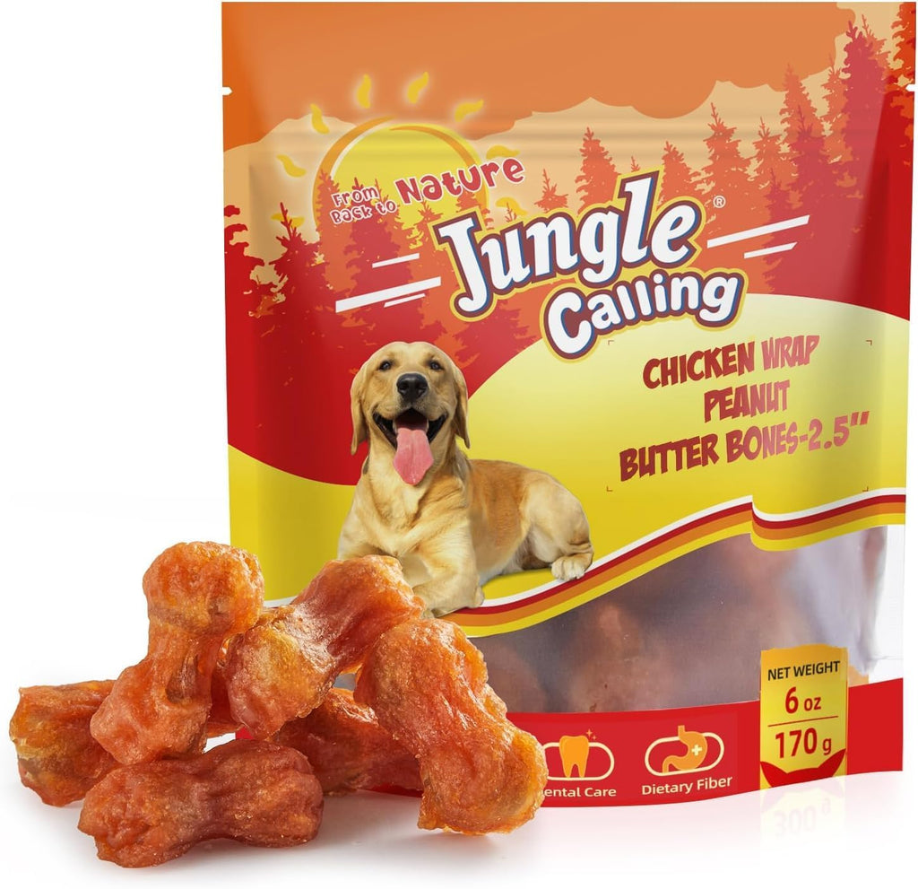 Jungle Calling rawhide-free chicken and peanut butter dog chews front packaging view
