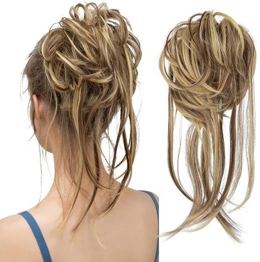 Lmoikesz CJL HAIR Messy Bun Hair Piece front view displaying curly synthetic extensions for women hair volume.