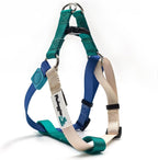 Authentic PawHuggies tri-color harness branding detail