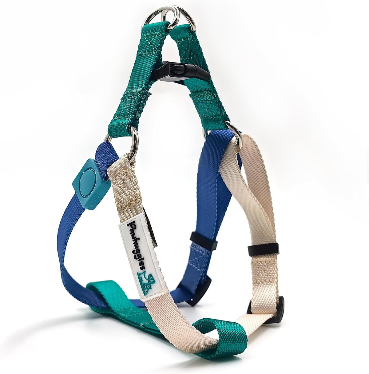 Authentic PawHuggies tri-color harness branding detail
