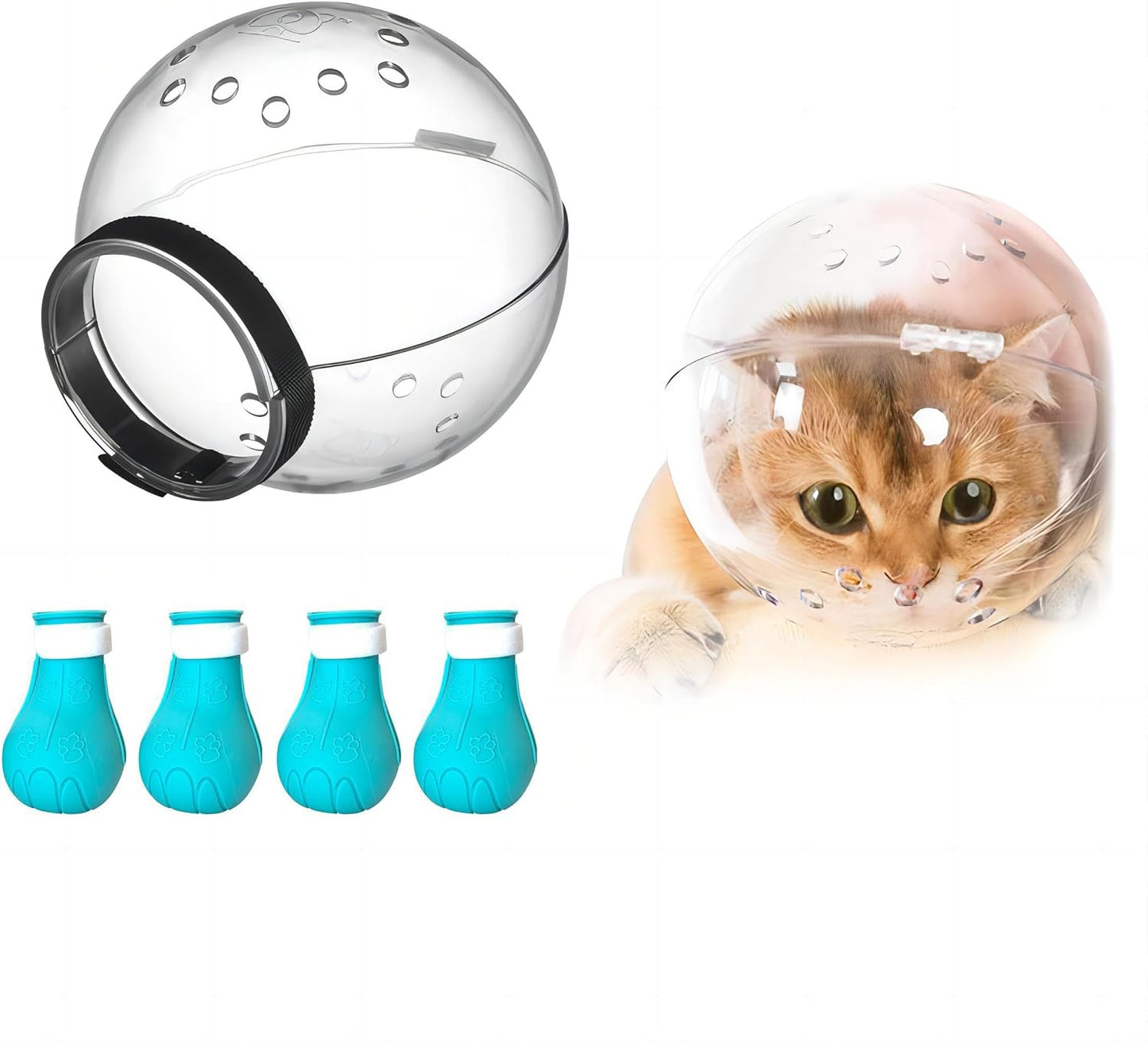 Augegel cat muzzle and boots set front view showing transparent bubble helmet and blue silicone paw covers