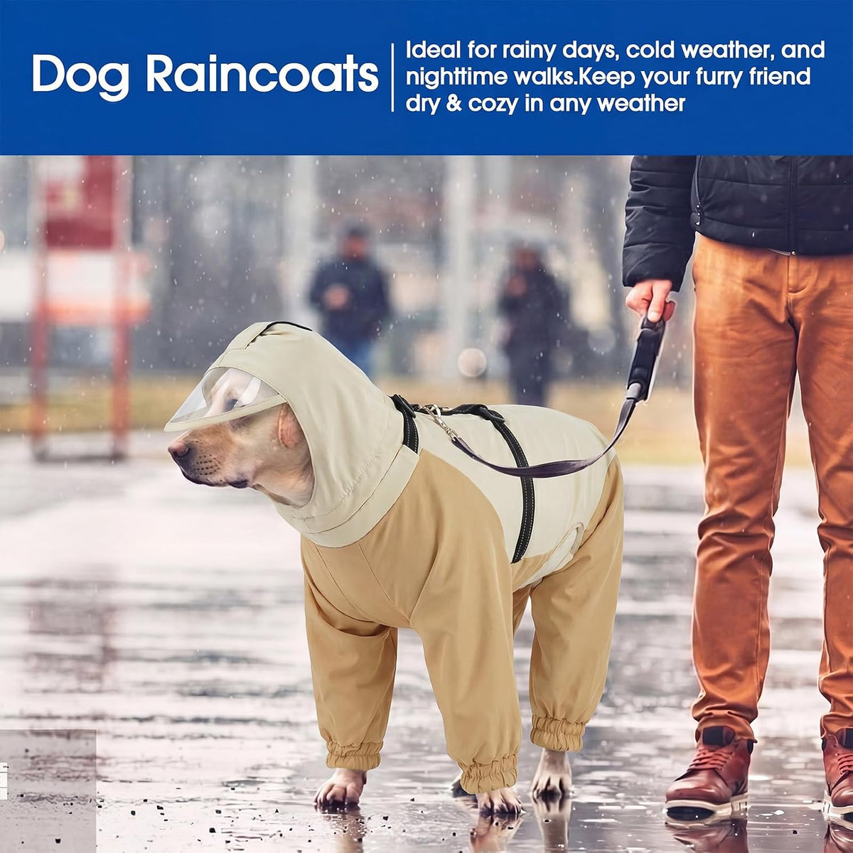 Premium pet monsoon coat featuring high visibility reflective safety strips on harness.