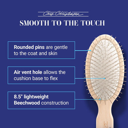 Lightweight beech wood handle of Chris Christensen oval pin brush close up view