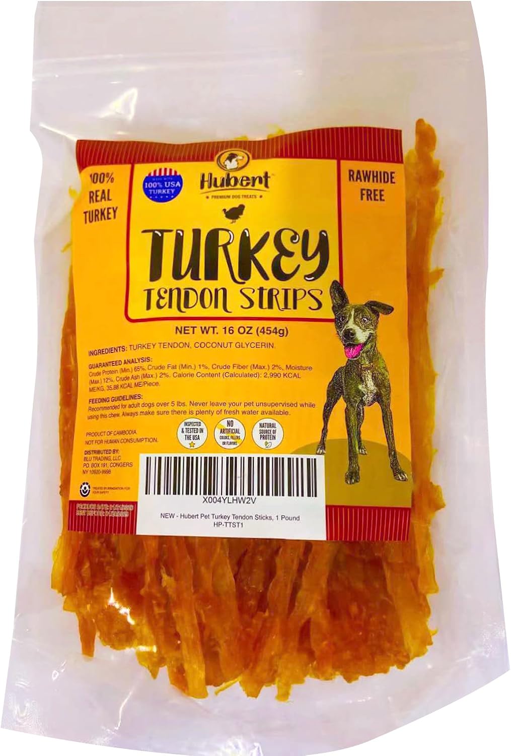 Hubert Pet turkey tendon chew strips displayed out of the bag.