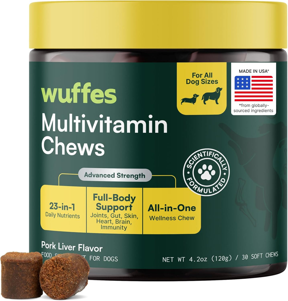 Wuffes 23-in-1 dog multivitamin soft chews front view of container