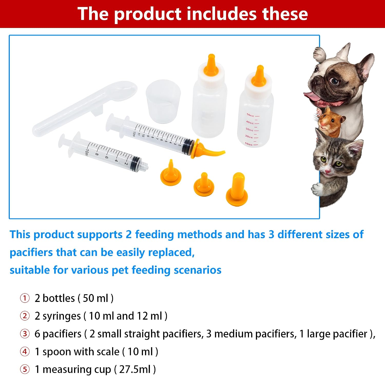 Full layout of the YeulYuuri puppy and kitten feeding kit tools for orphaned pet care.
