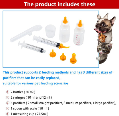 Full layout of the YeulYuuri puppy and kitten feeding kit tools for orphaned pet care.