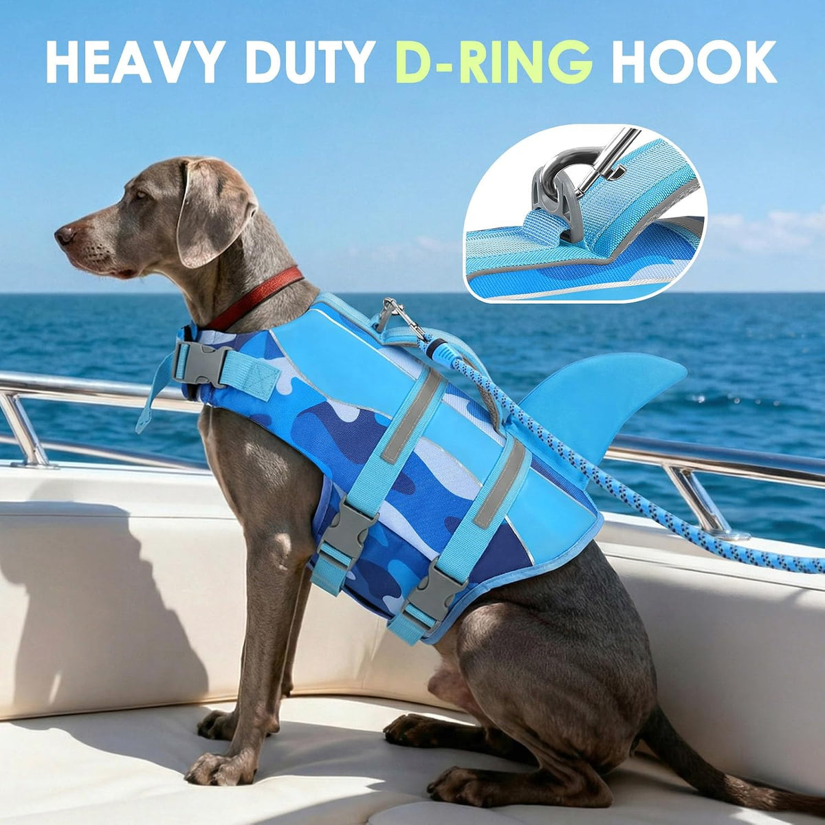 Small breed dog wearing high buoyancy shark fin swimming vest.