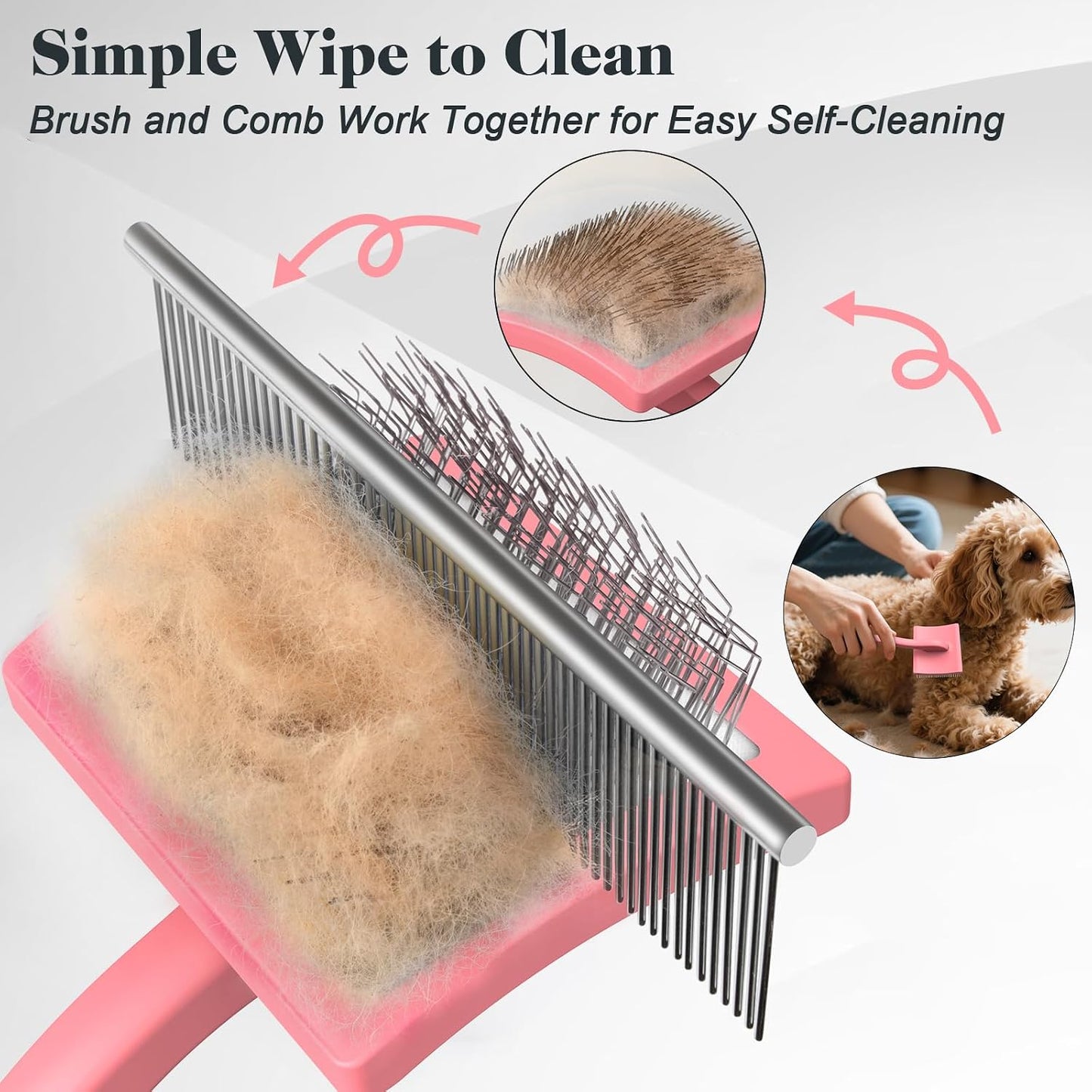 Large light pink slicker brush ergonomic handle design for reducing hand fatigue.