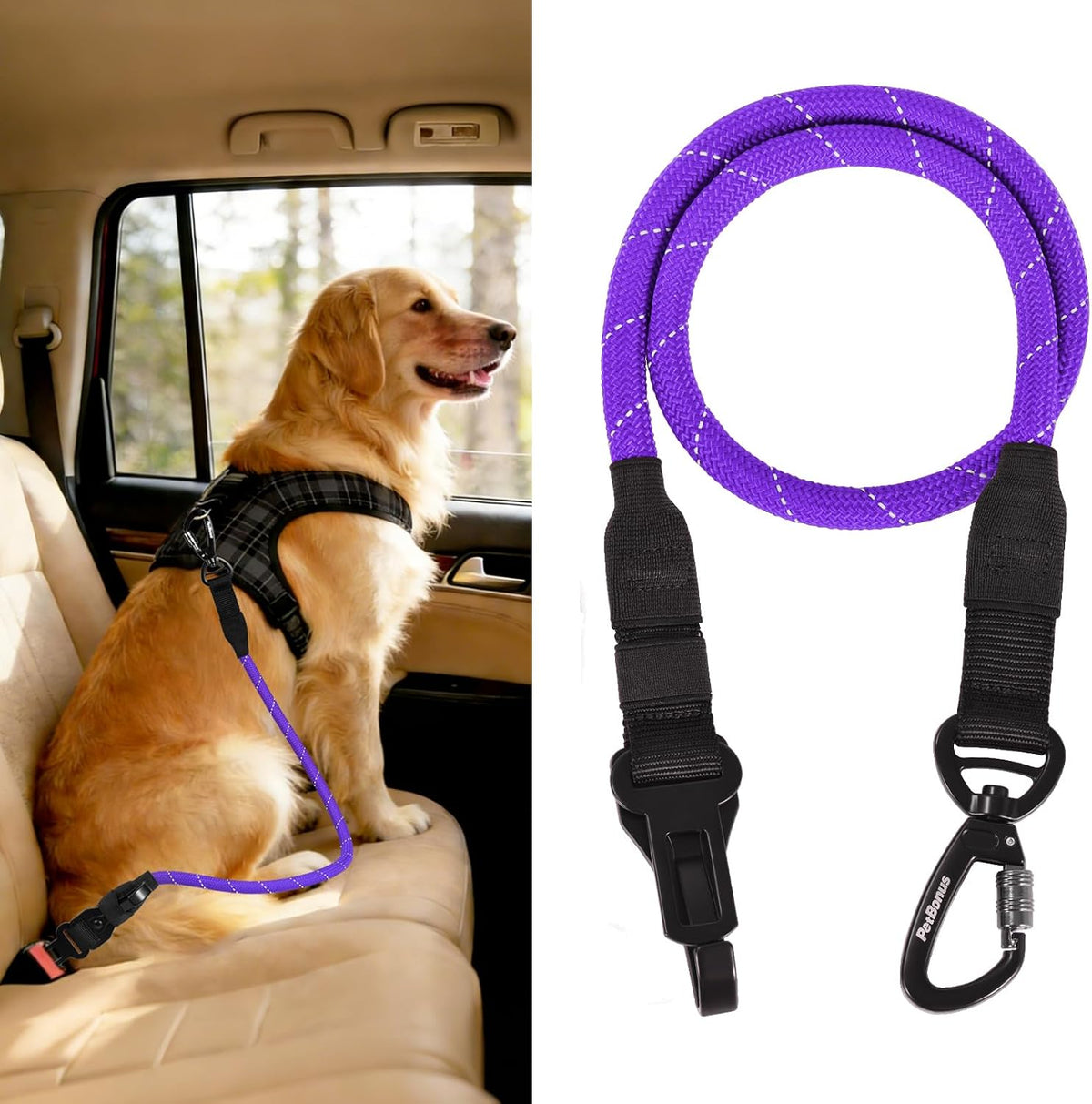 PetBonus Dog Seat Belt for Car, Durable Rope Dog Car Harness Seatbelt for Vehicle, Pet Tether Safety Restraint with Heavy Duty Buckle Hook Latch Lockable Clip for Small Medium Large Breeds (Black) - Image 14