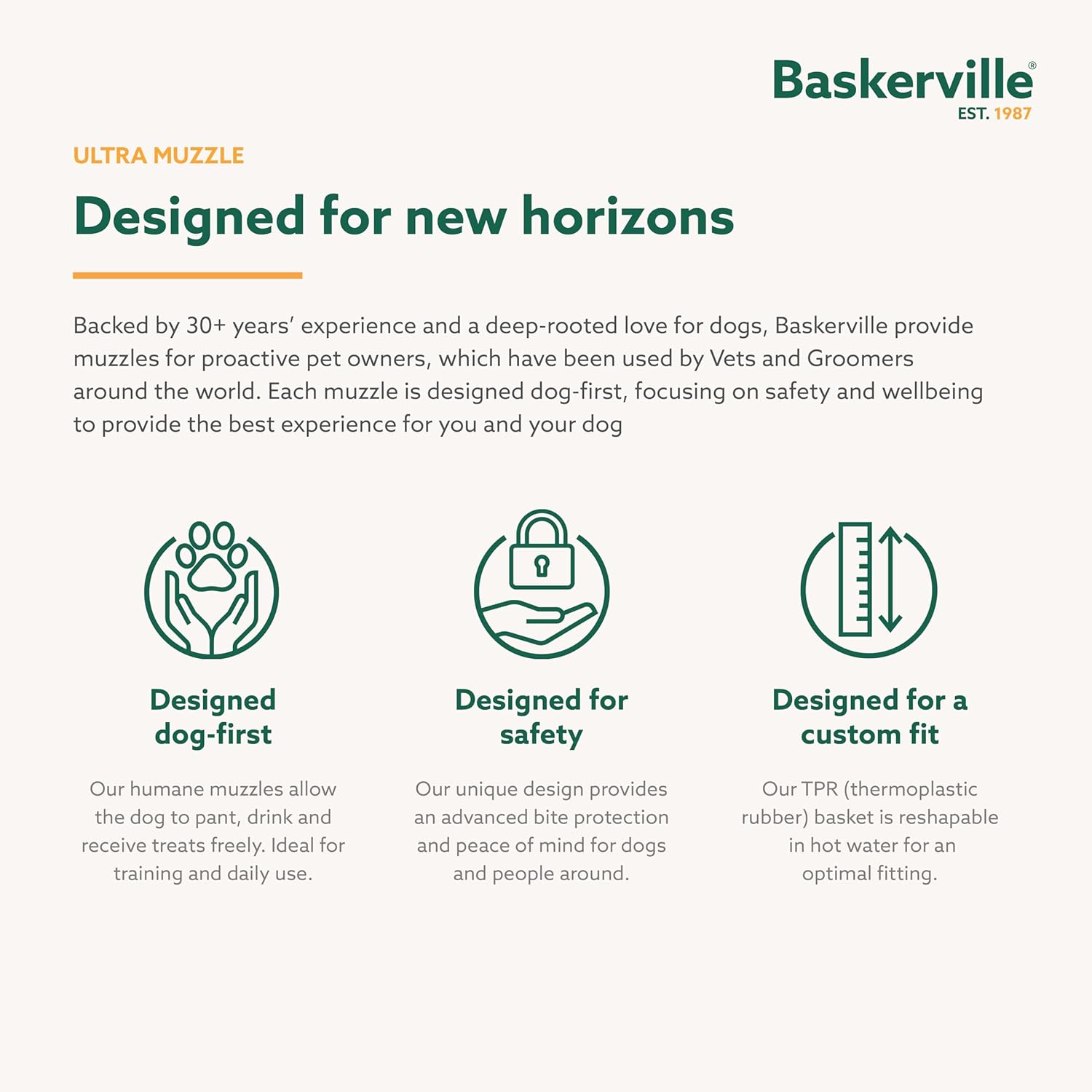 Baskerville reactive dog training muzzle showing zero metal contact elements for facial comfort.