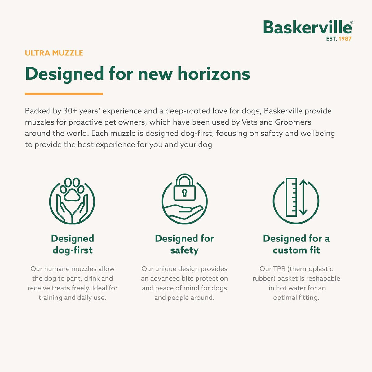 Baskerville reactive dog training muzzle showing zero metal contact elements for facial comfort.