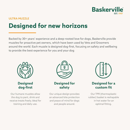 Baskerville reactive dog training muzzle showing zero metal contact elements for facial comfort.